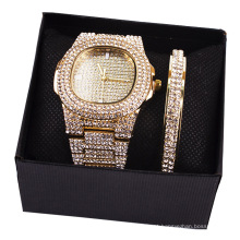 Luxury Full Rhinestone Quartz Watch Gift Set with Stainless Steel Band Stylish Golden Bracelet Gift Sets For Men Custodibus set